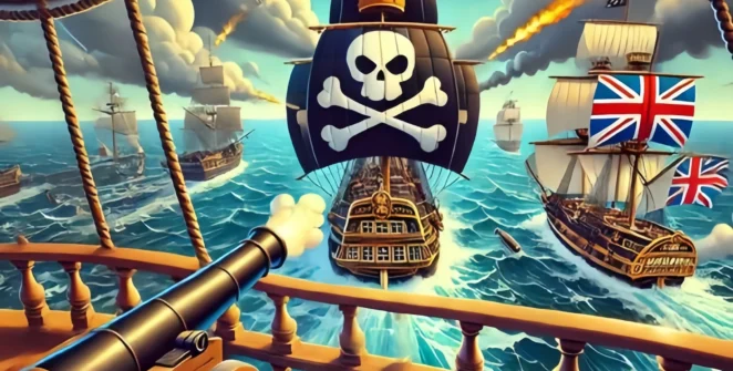 Sea Kings game thumbnail with pirate ships battling at sea