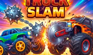 Truck Slam game thumbnail with two trucks crashing amid explosions