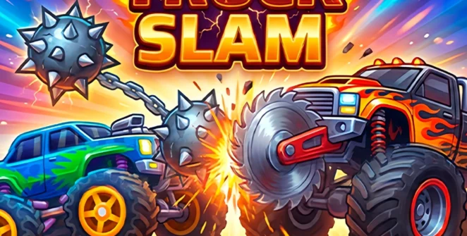Truck Slam game thumbnail with two trucks crashing amid explosions
